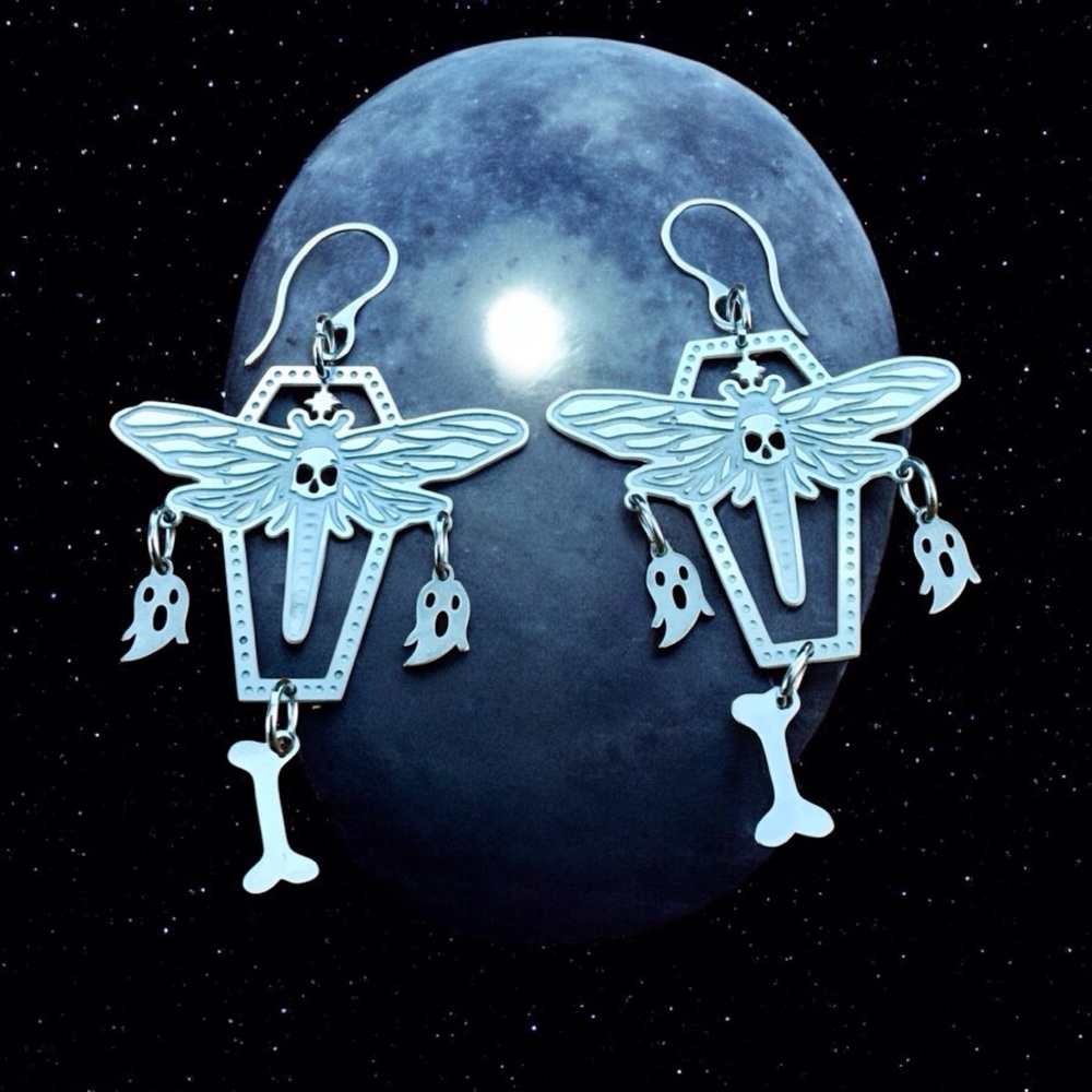 🆕 Skull on Moth Coffin w Ghosts and Boners Laser Etched Earrings Stainless Steel